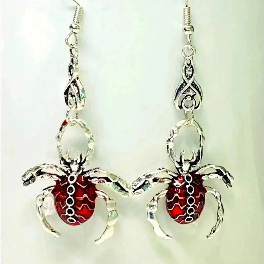 Big Fun Silver & Red Spider Earrings Goth Witch Dark New